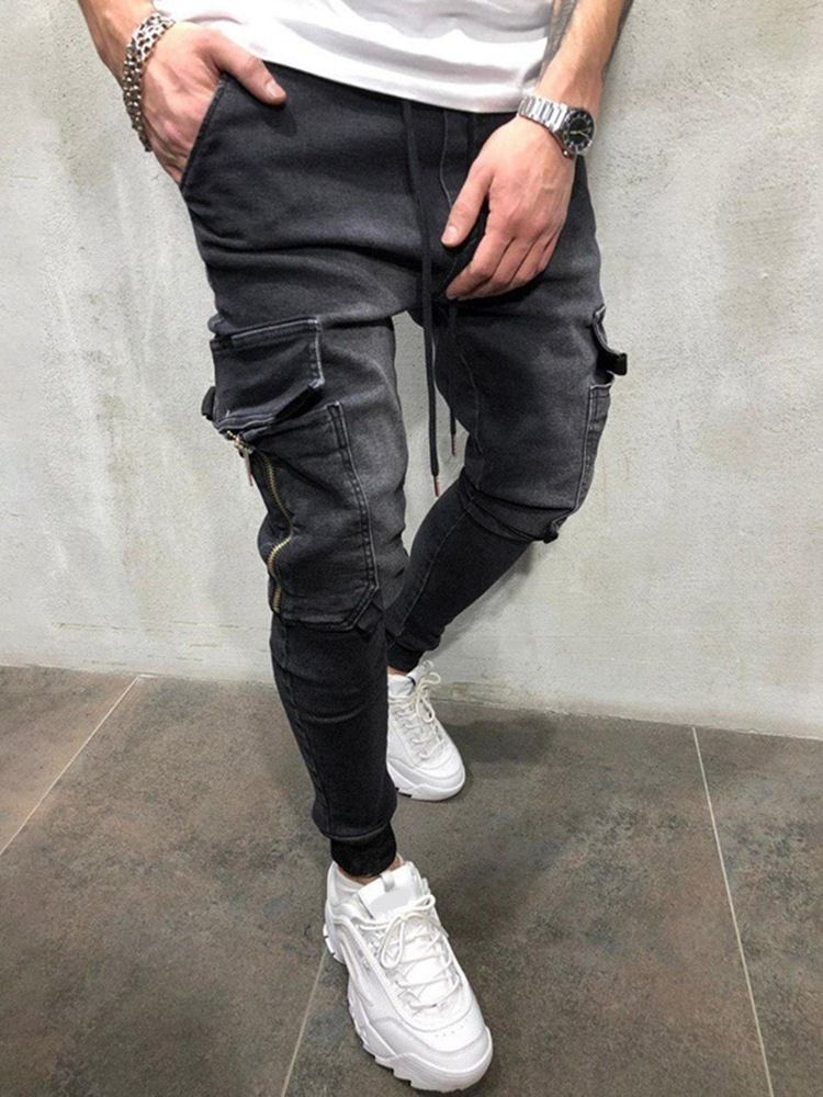 Plain Pocket Pencil Pants Lace-up Men's Jeans