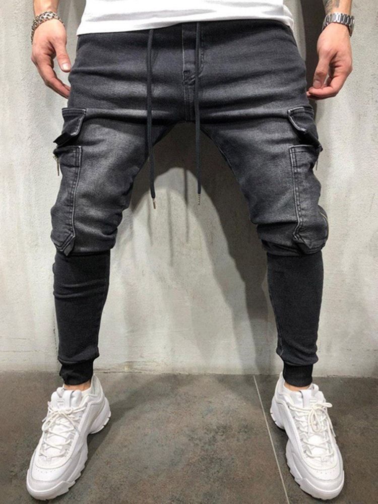 Plain Pocket Pencil Pants Lace-up Men's Jeans