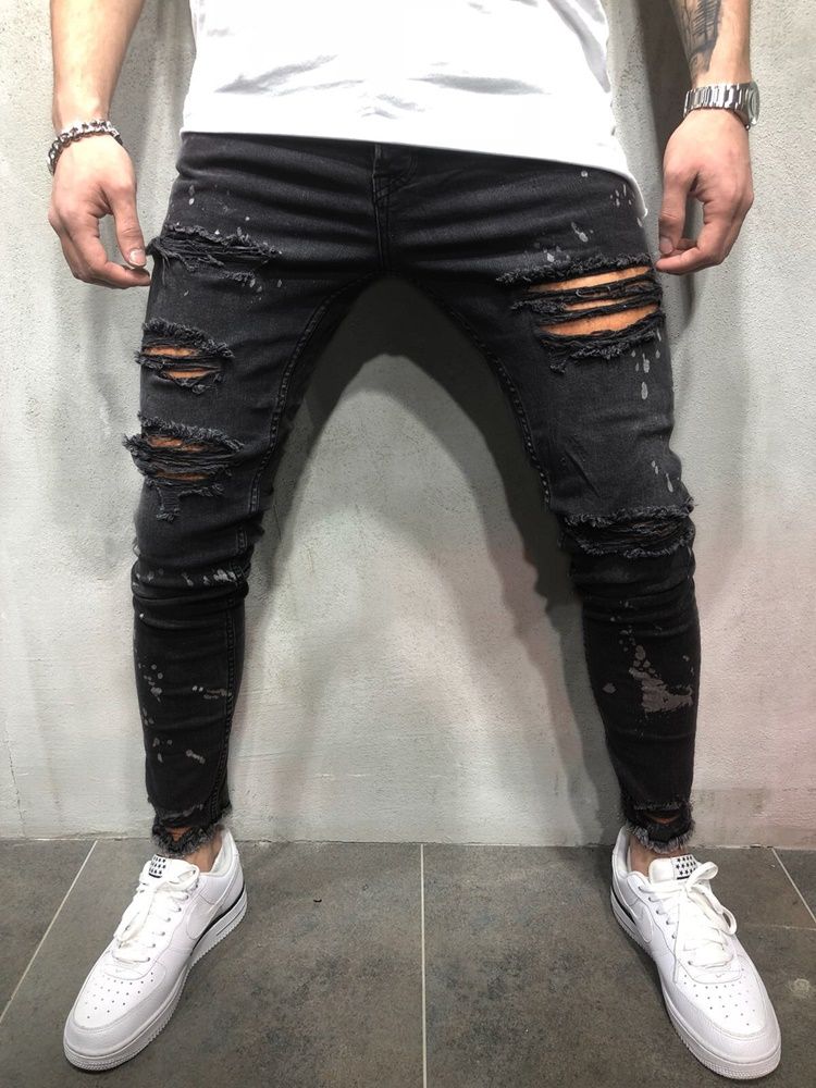 Plain Printed Mid Waist Mens Ripped Jeans