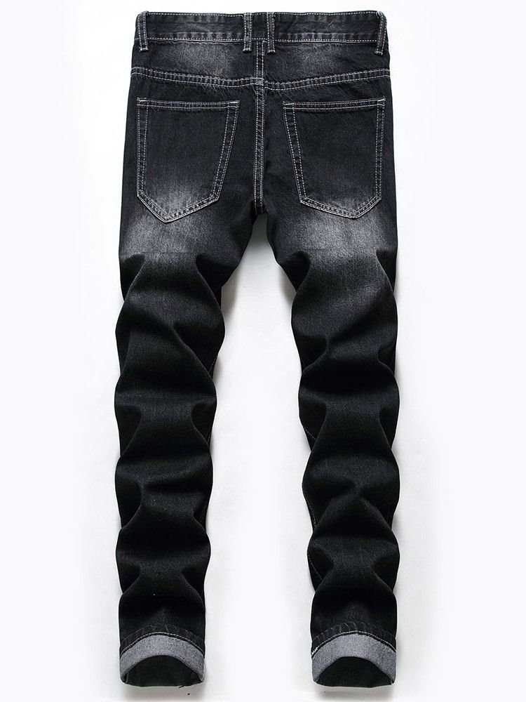 Plain Straight Hole Casual Mid Waist Men's Jeans