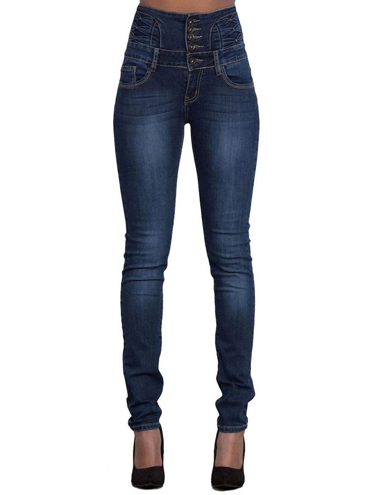 Pocket Plain High-waist Button Skinny Women's Jeans