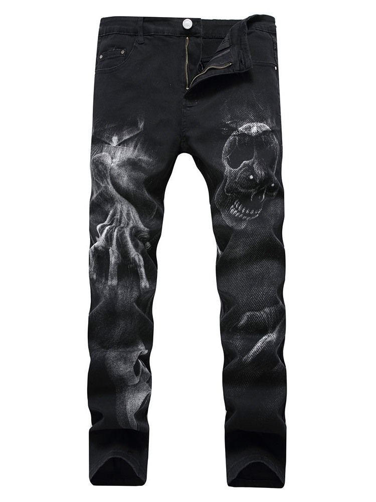 Skull Pencil Printed Mid Waist Men's Casual Jeans