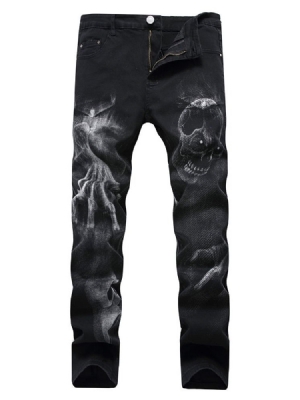 Skull Pencil Printed Mid Waist Men's Casual Jeans