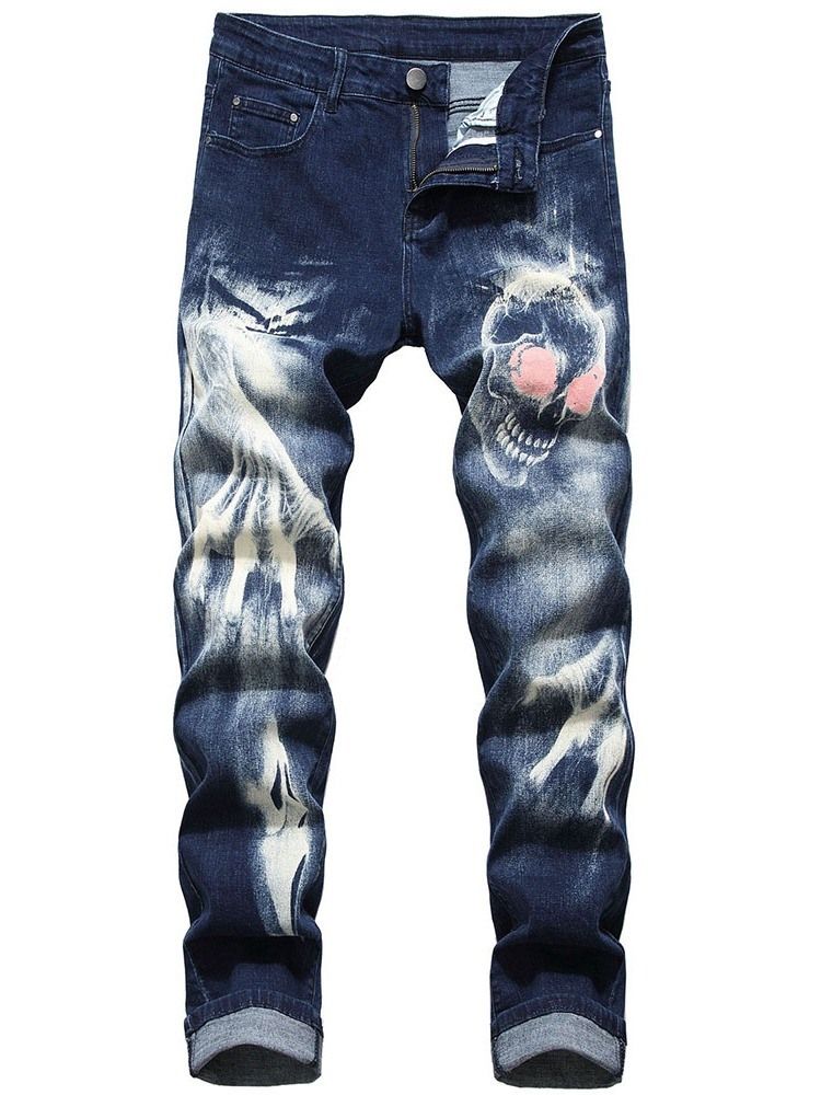 Skull Pencil Printed Mid Waist Men's Casual Jeans