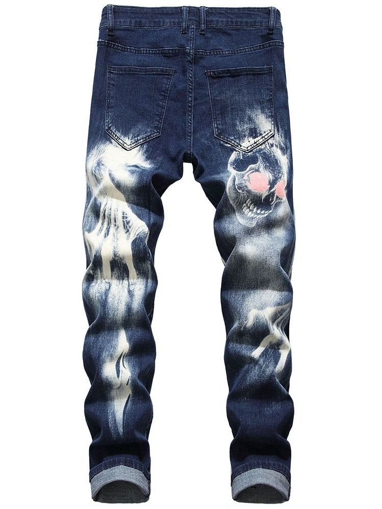 Skull Pencil Printed Mid Waist Men's Casual Jeans