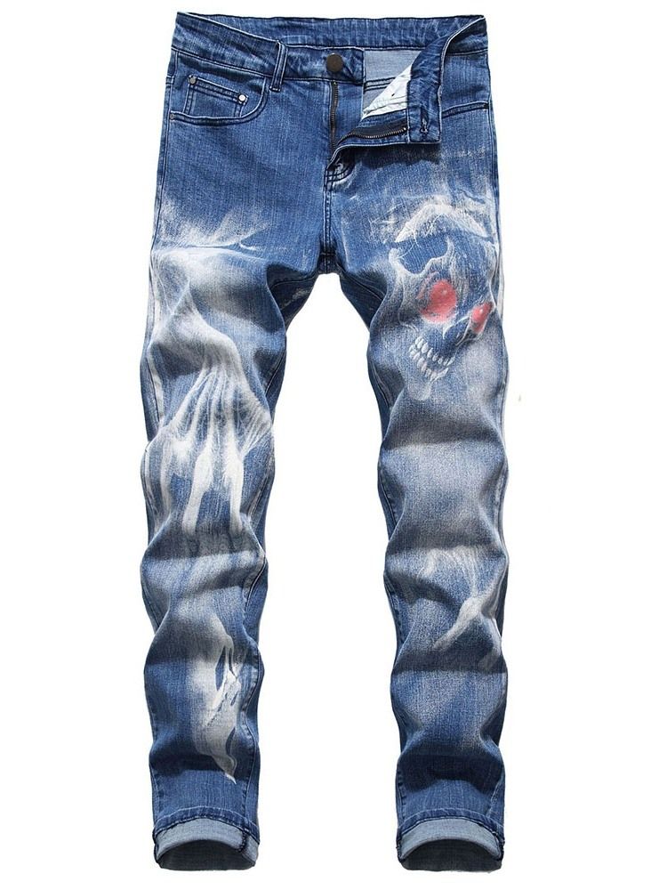 Skull Pencil Printed Mid Waist Men's Casual Jeans