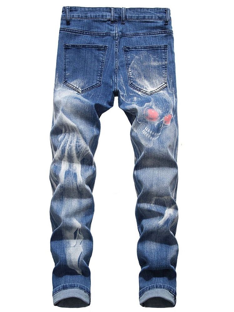 Skull Pencil Printed Mid Waist Men's Casual Jeans