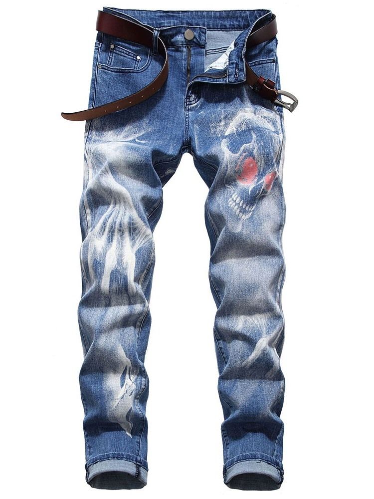 Skull Pencil Printed Mid Waist Men's Casual Jeans