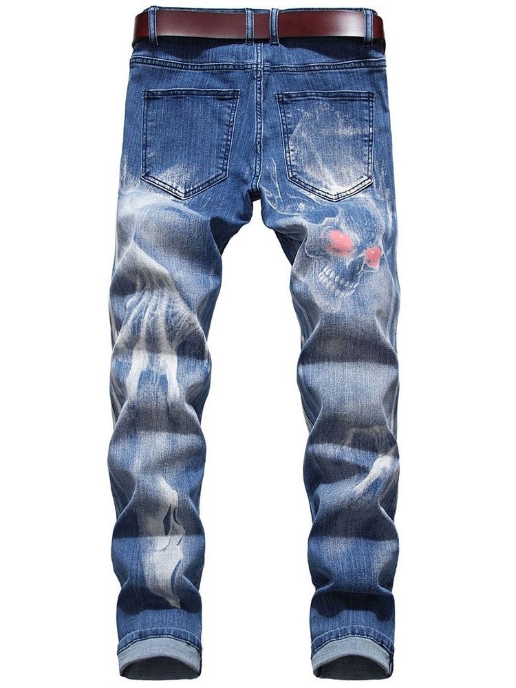 Skull Pencil Printed Mid Waist Men's Casual Jeans