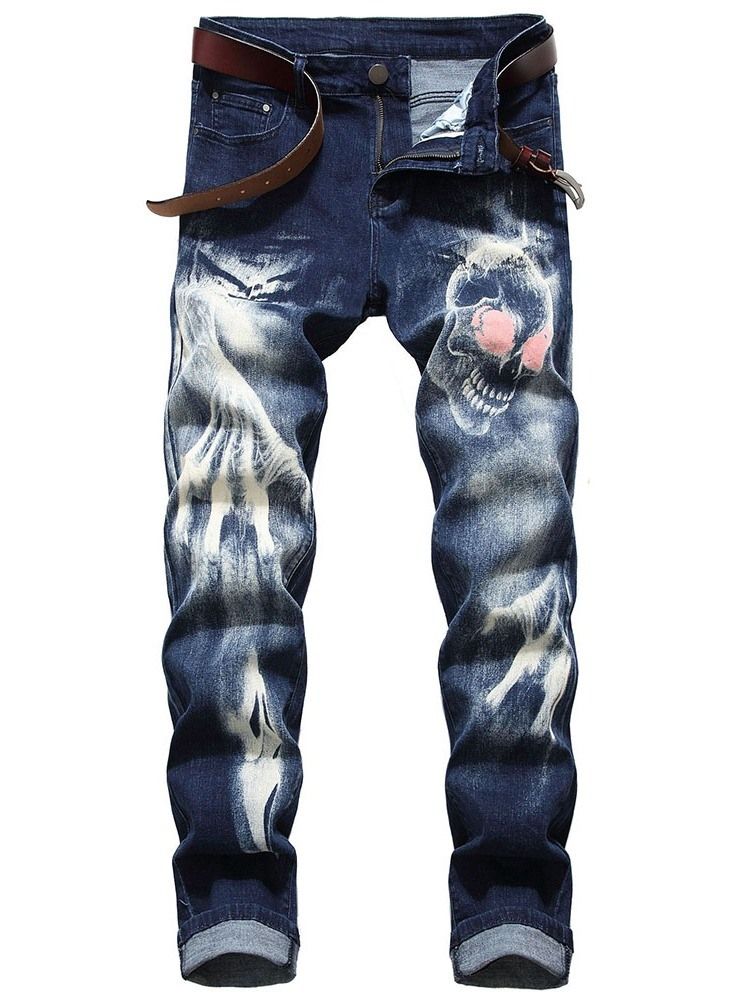 Skull Pencil Printed Mid Waist Men's Casual Jeans