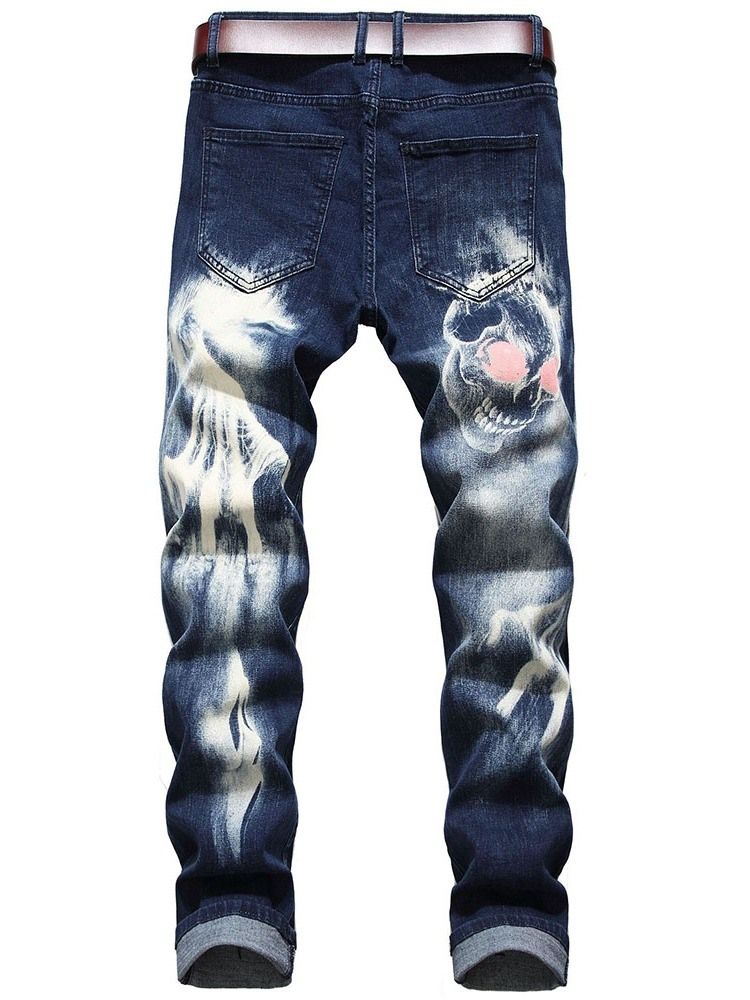 Skull Pencil Printed Mid Waist Men's Casual Jeans