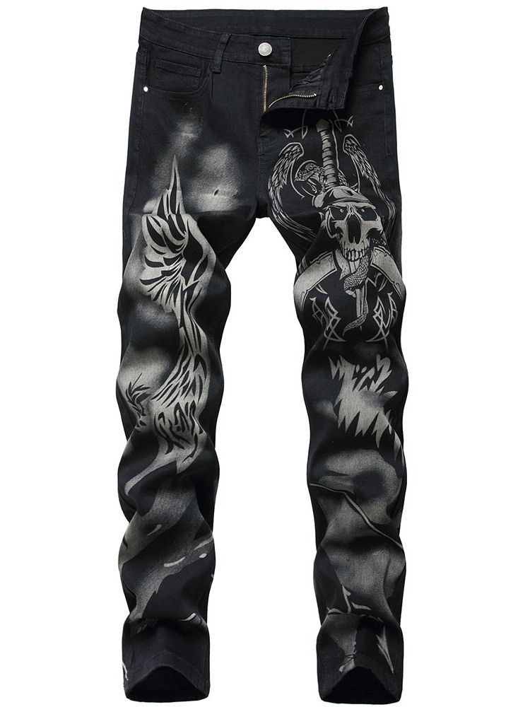 Skull Straight Print European Mid Waist Men's Jeans