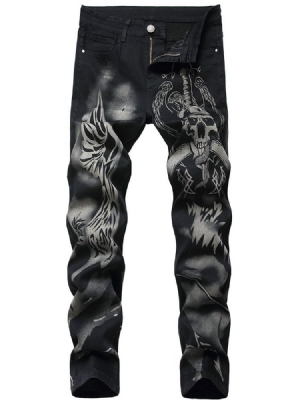 Skull Straight Print European Mid Waist Men's Jeans