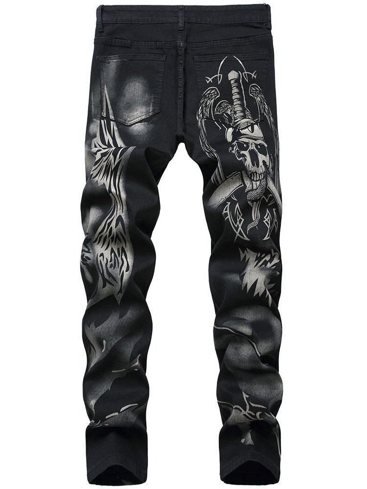 Skull Straight Print European Mid Waist Men's Jeans