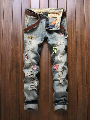 Straight Color Block Embroidery Mid Waist European Men's Jeans