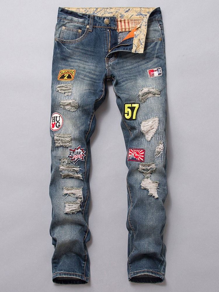 Straight Color Block Embroidery Mid Waist European Men's Jeans