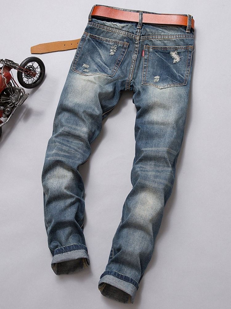 Straight Color Block Embroidery Mid Waist European Men's Jeans