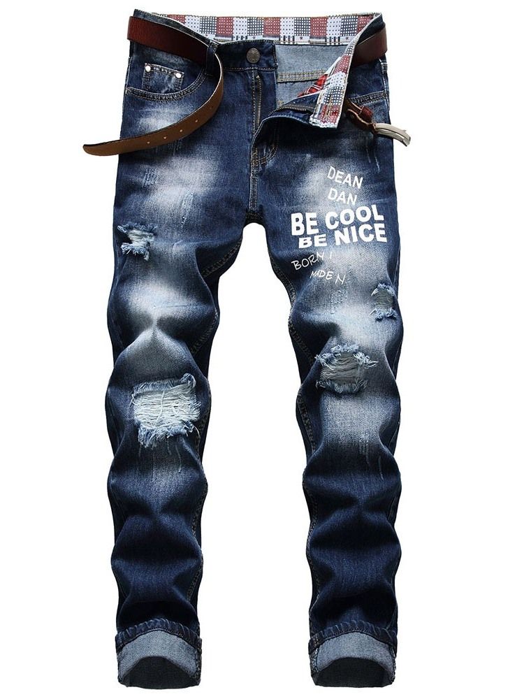 Straight Hole Letter Mid Waist Zipper Men's Jeans