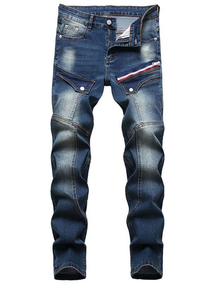 Straight Zipper Men's Mid Waist Jeans