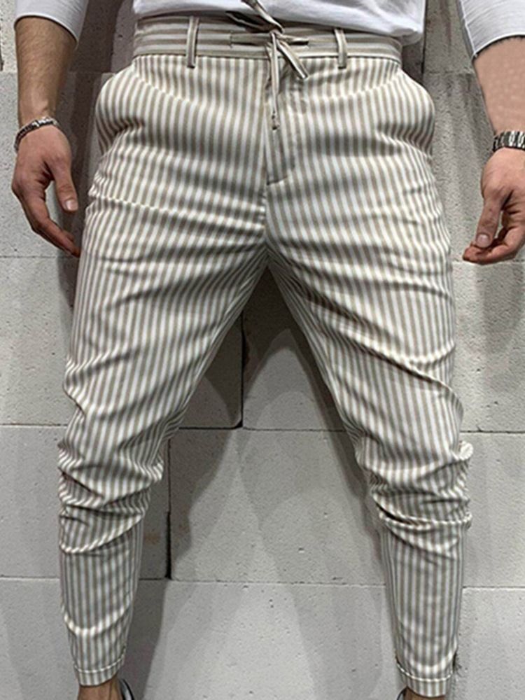 Stripe Pencil Pants Lace-up Four Seasons Mid Waist Men's Casual Pants