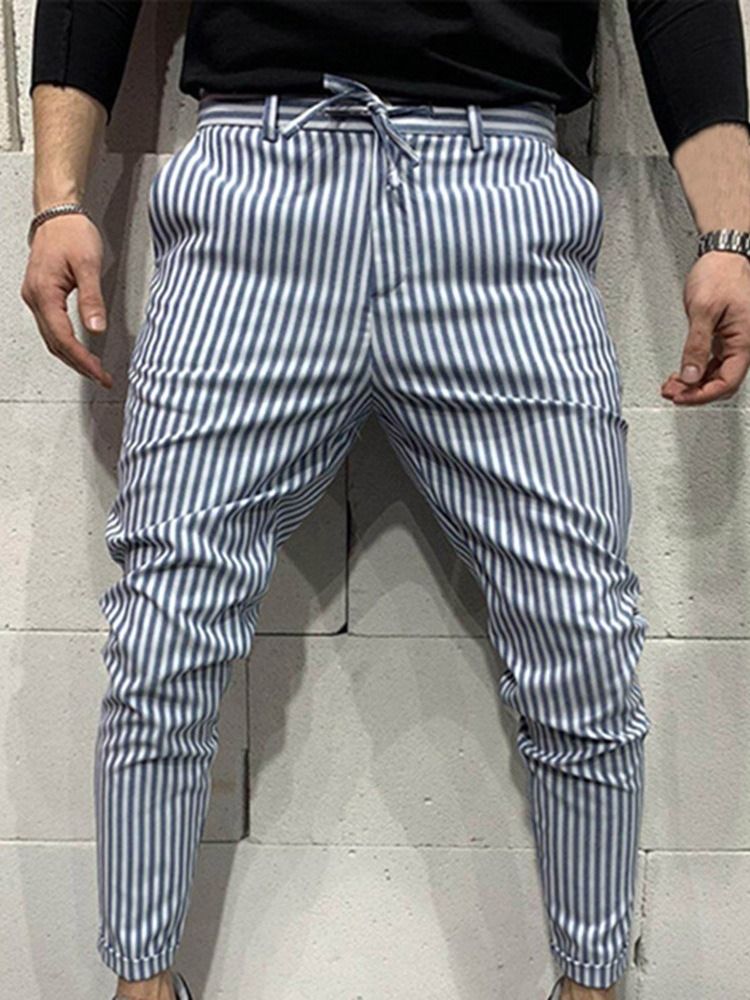 Stripe Pencil Pants Lace-up Four Seasons Mid Waist Men's Casual Pants