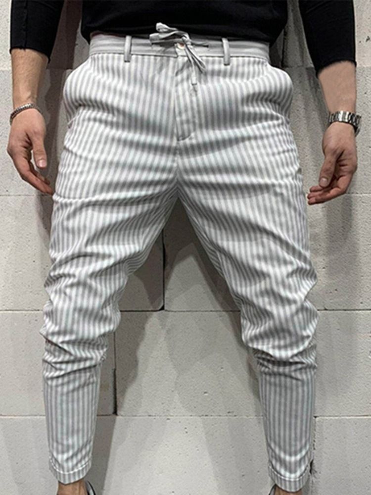 Stripe Pencil Pants Lace-up Four Seasons Mid Waist Men's Casual Pants