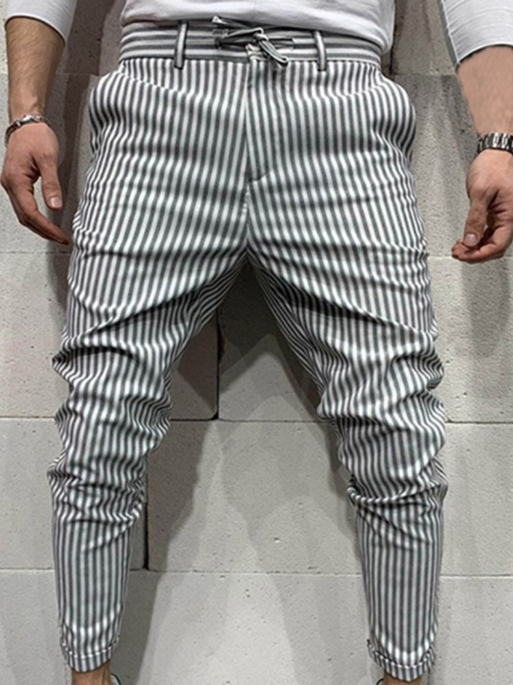 Stripe Pencil Pants Lace-up Four Seasons Mid Waist Men's Casual Pants