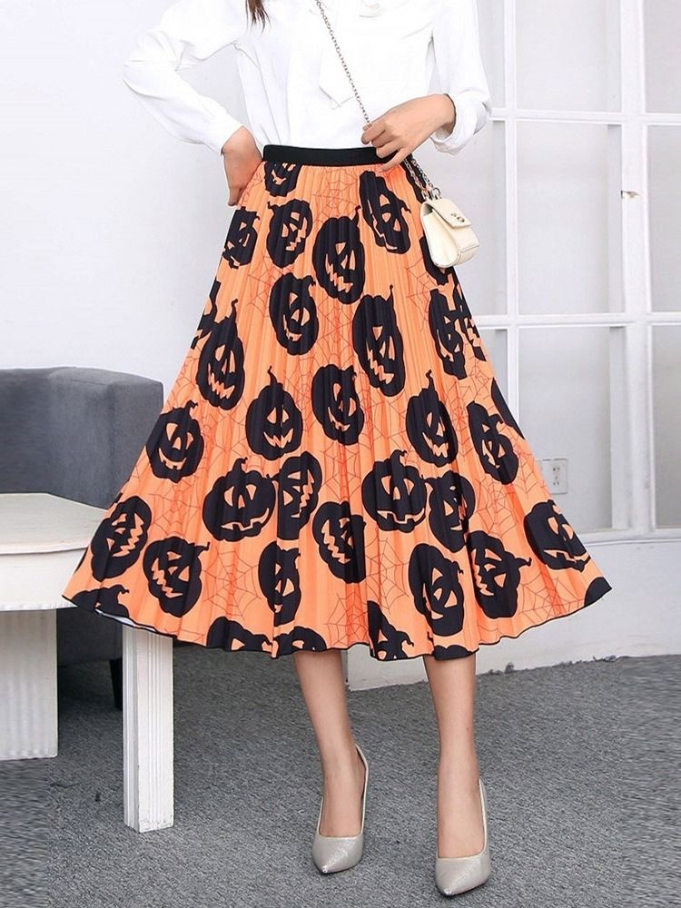 Kvinders Halloween Pumpkin Print Mid-calf Plant Casual Nederdel