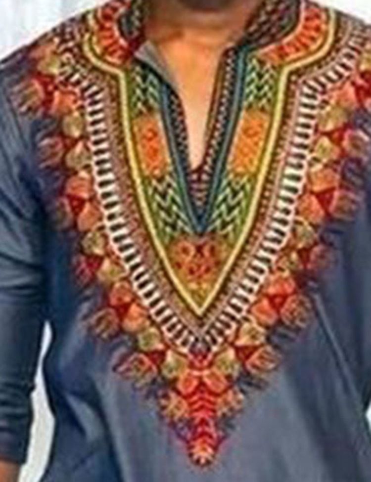 African Fashion Dashiki Print Color Block V-neck Slim T-shirt Til Mænd