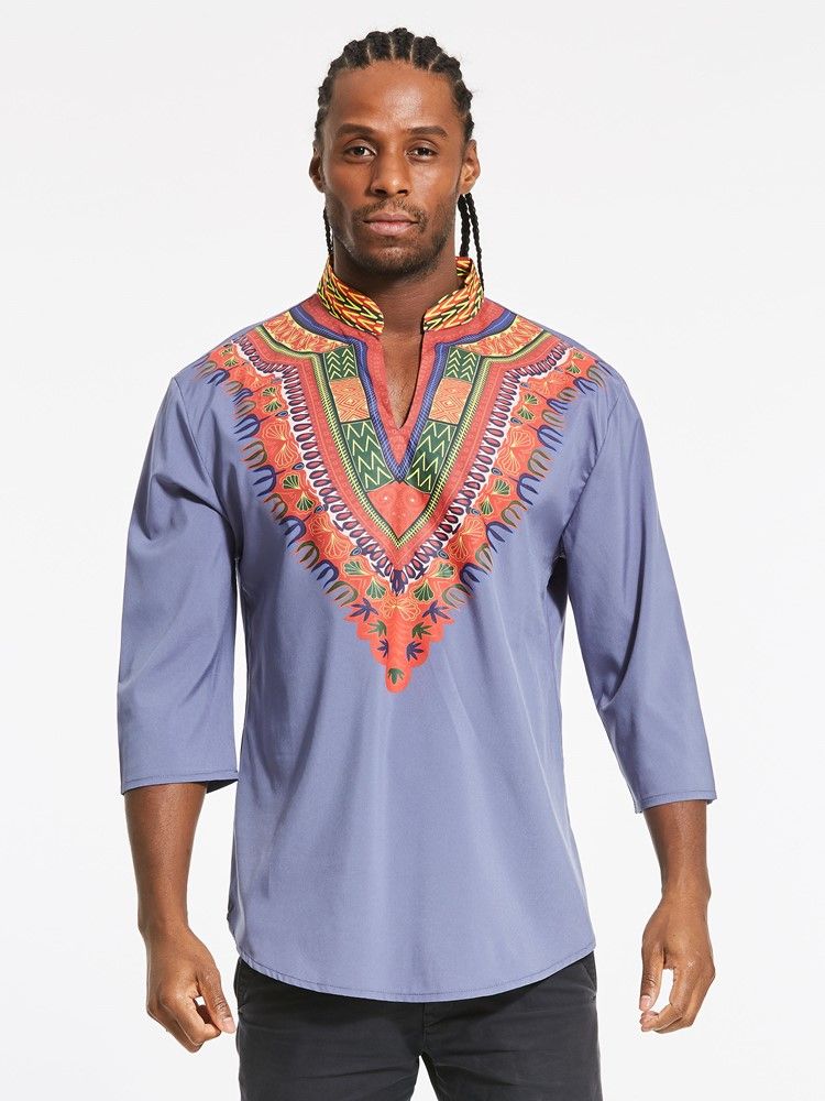 African Fashion Dashiki Print Color Block V-neck Slim T-shirt Til Mænd