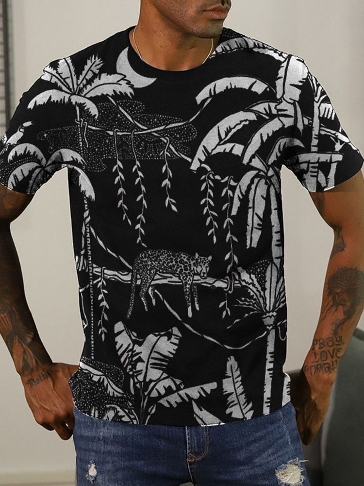 Leaf Print Round Neck Kortærmet Herre Slim T-shirt