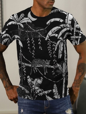 Leaf Print Round Neck Kortærmet Herre Slim T-shirt