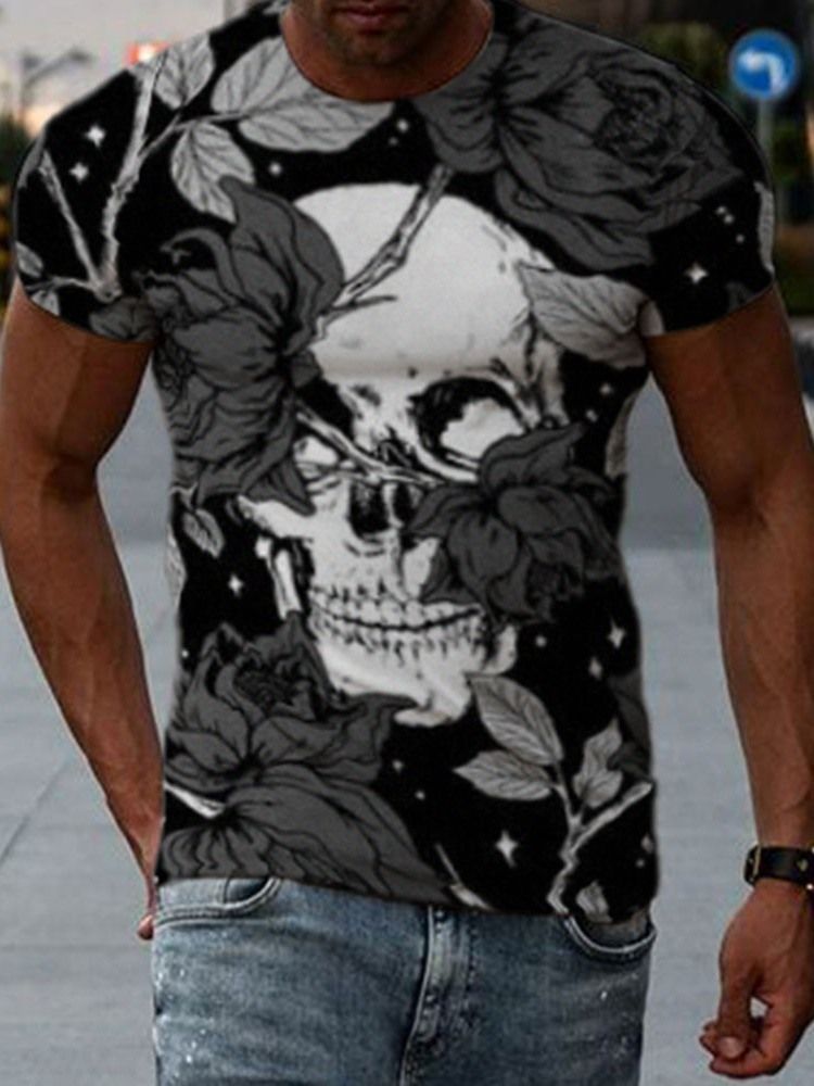 Round Neck Print Skull Pullover Herre-t-shirt