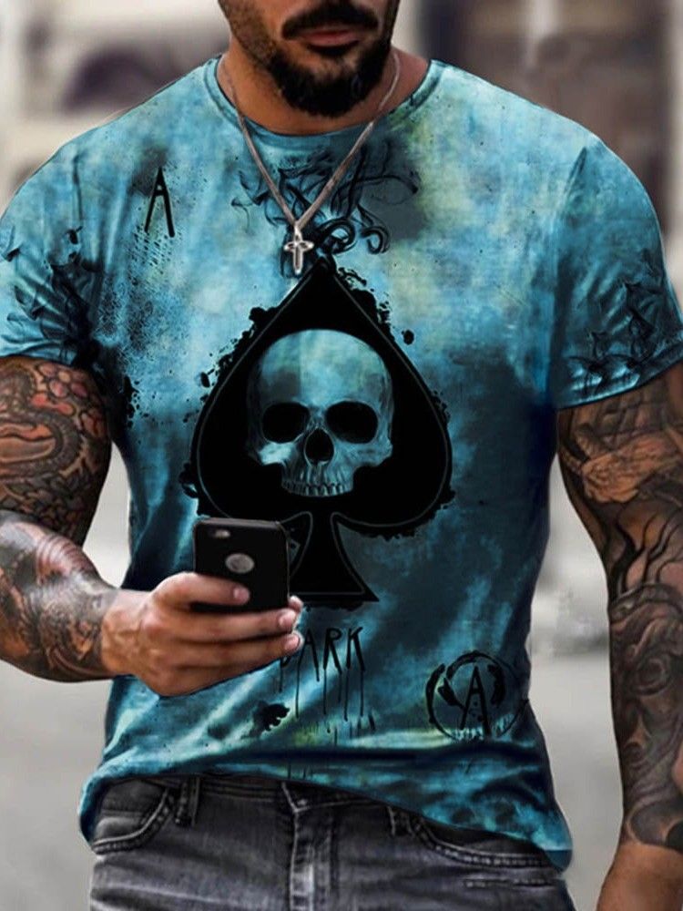 Skull Casual Print Loose Pullover Herre-t-shirt