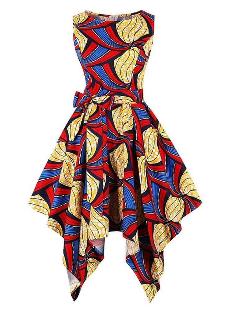 Asymmetrisk Print Bowknot Women's Dress