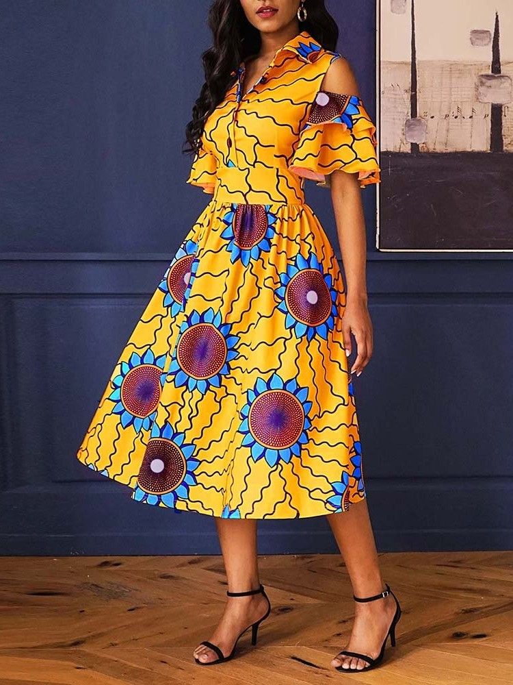 Kvinders Afrikanske Mode Mid-kalv Revers Print Floral A Line Kjole