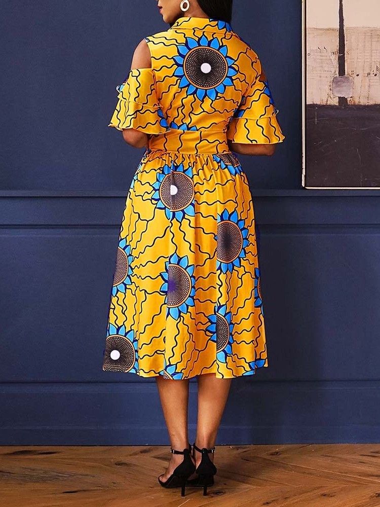 Kvinders Afrikanske Mode Mid-kalv Revers Print Floral A Line Kjole