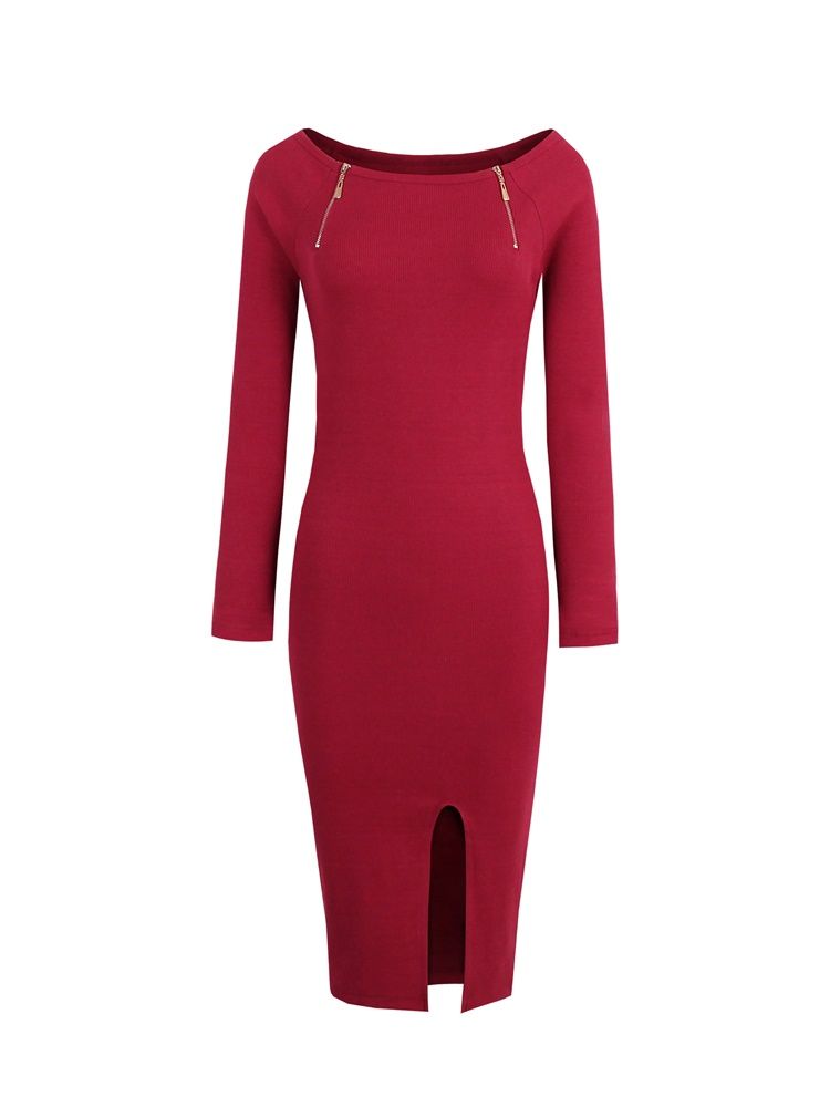 Kvinders Lynlås Almindelige Lange Ærmer Sweater Bodycon Kjole