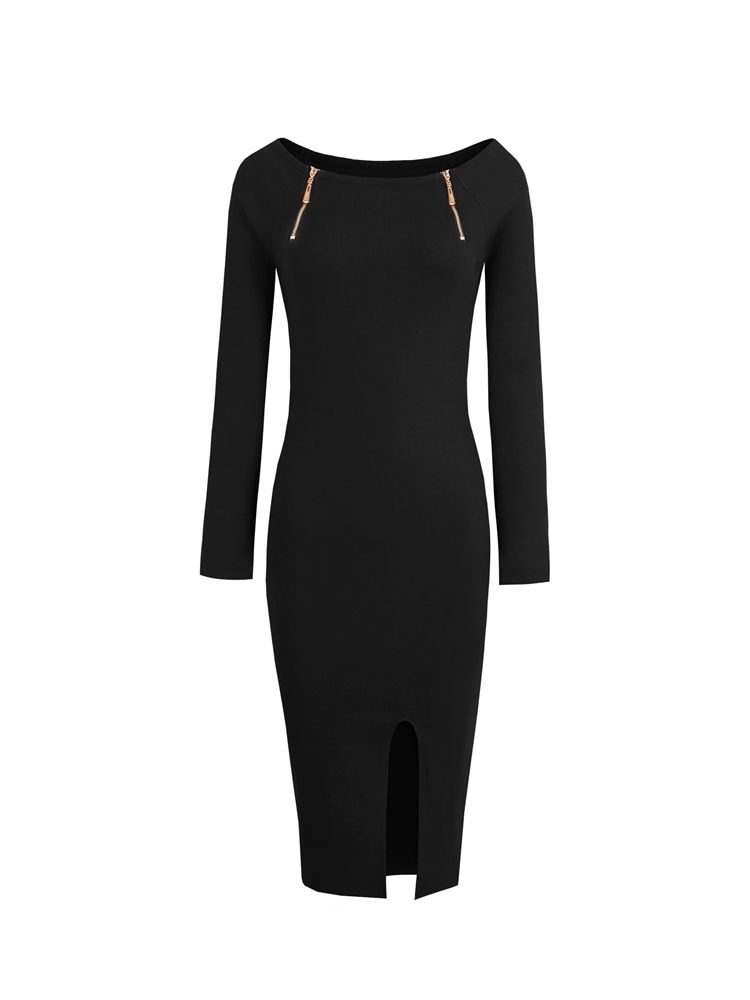 Kvinders Lynlås Almindelige Lange Ærmer Sweater Bodycon Kjole