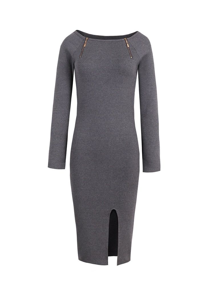 Kvinders Lynlås Almindelige Lange Ærmer Sweater Bodycon Kjole