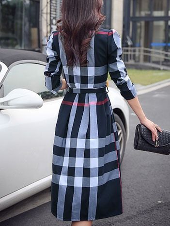 Kvinders Plaid Belt Revers Single-breasted Casual Dress