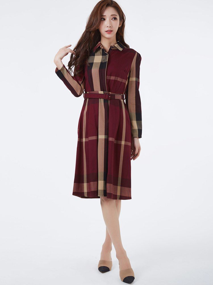 Kvinders Plaid Belt Revers Single-breasted Casual Dress