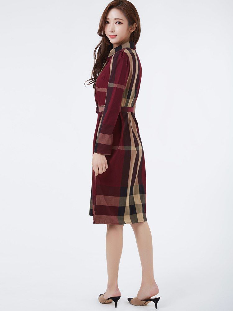 Kvinders Plaid Belt Revers Single-breasted Casual Dress