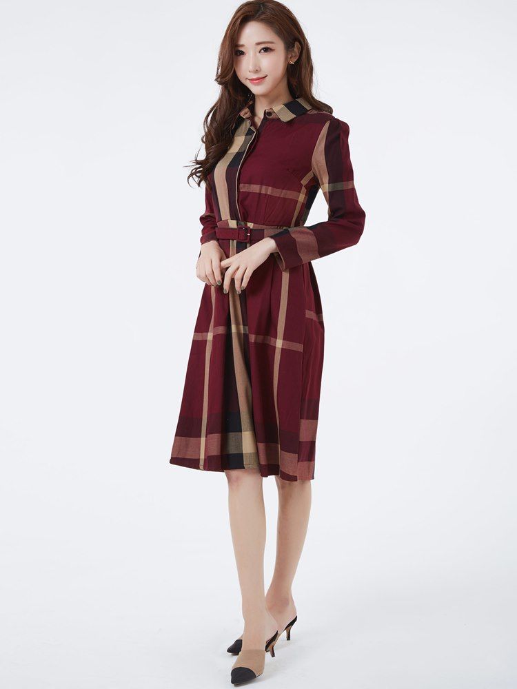 Kvinders Plaid Belt Revers Single-breasted Casual Dress