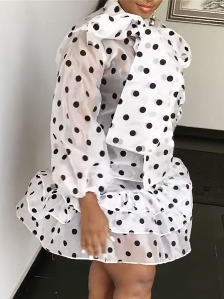 Kvinders Sløjfekrave Over Knæprint Pullover Polka Dots Dress