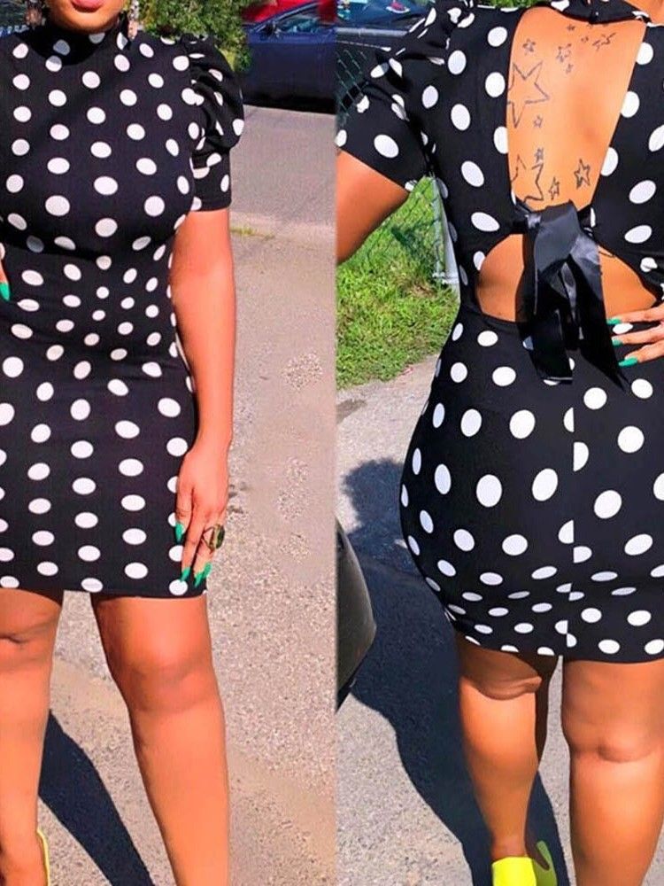 Over Knæet Backless Kortærmet Kvinders Polka Dots Kjole