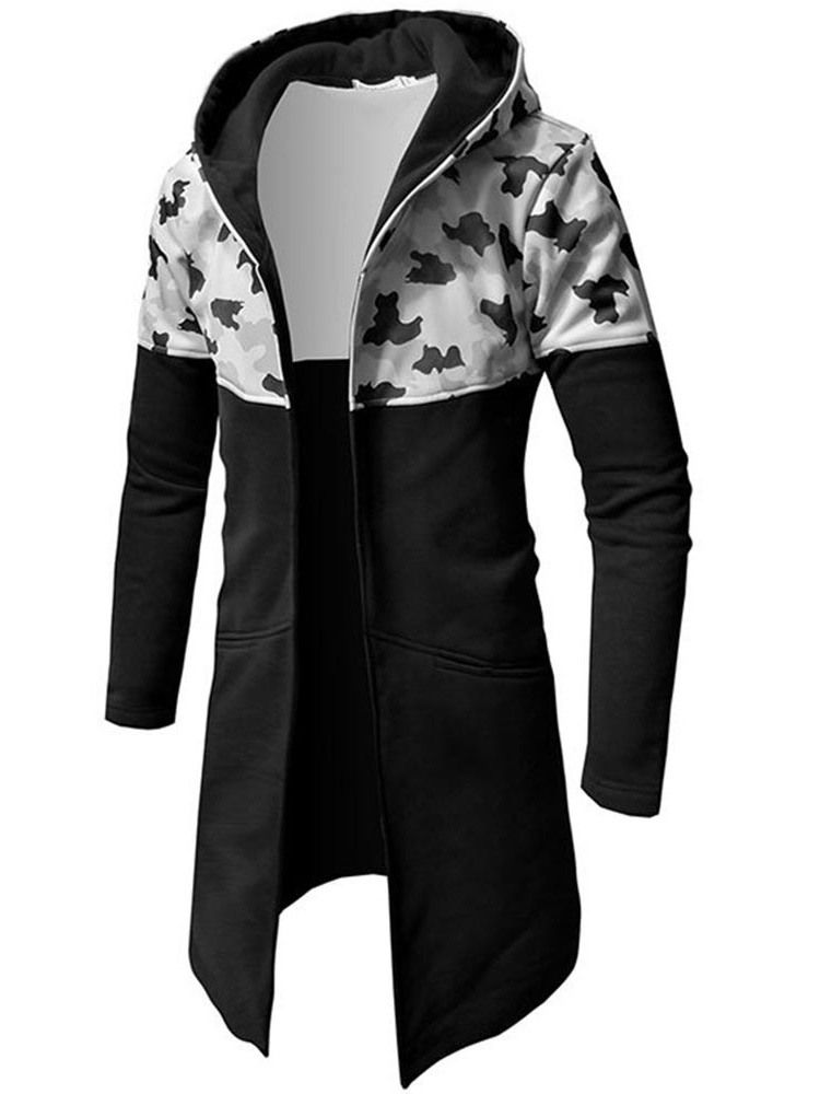 Camouflage Patchwork Slim Mid-hood Hooded Mens Trench Coat