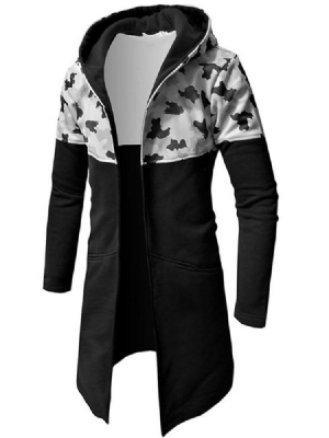 Camouflage Patchwork Slim Mid-hood Hooded Mens Trench Coat