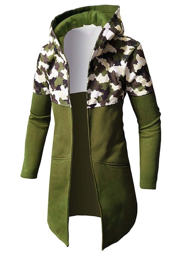 Camouflage Patchwork Slim Mid-hood Hooded Mens Trench Coat