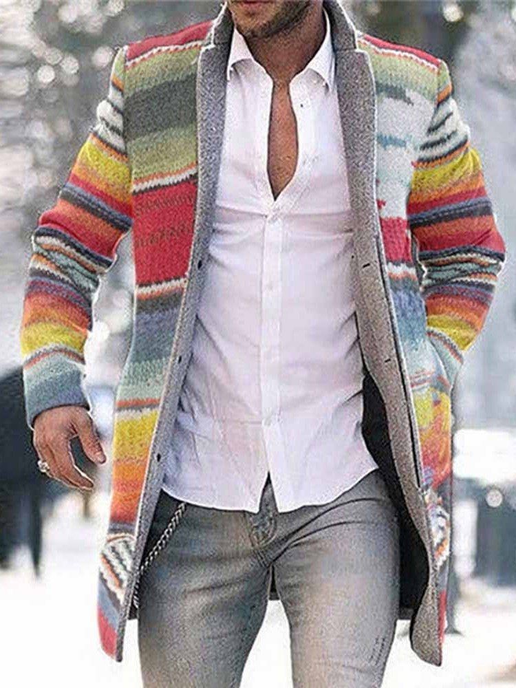 Color Block Mid-length Button Single-breasted Men's Coat